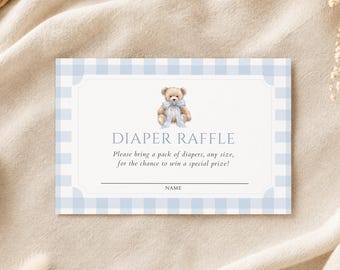 Teddy Bear Diaper Raffle Card Template, Blue Gingham Baby Shower Insert, Boy Baby Shower Diaper Raffle Ticket, Editable Canva Template
