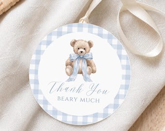 Blue Gingham Teddy Bear Baby Shower Favor Tag, Thank You Beary Much Tag, Blue Gingham Baby Shower Favor, Printable Gift Tag