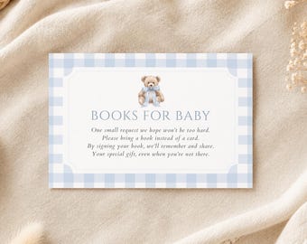 Books for Baby Card Template, Teddy Bear Baby Shower Insert, Bring a Book Instead of a Card, Blue Gingham Boy Baby Shower, Editable Canva