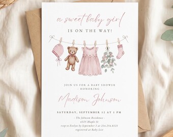 Boho Pink Baby Shower Invitation Template, Sweet Baby Girl Invite, Clothesline Teddy Bear Shower Invitation, Editable Canva Template