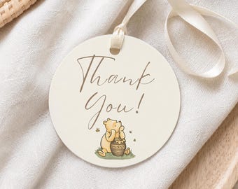 Winnie the Pooh Thank You Favor Tag, First Birthday Favor Tag, Little Honey Birthday Party, Pooh Bear Gift Tag, Editable Canva Template