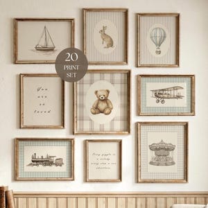 Puede incluir: Un conjunto de ocho láminas enmarcadas para pared con ilustraciones de velero, conejo, globo aerostático, oso de peluche, avión, tren y carrusel, junto a dos láminas con el texto 20 PRINT SET, You are so loved, y Every giggle is a melody.