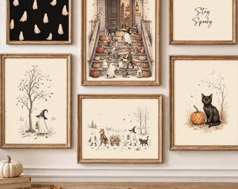 Halloween Wall Art Set of 6, Halloween Ghost Prints, Antique Storybook Art, Black Cat Pumpkin Decor, Spooky Gallery Wall