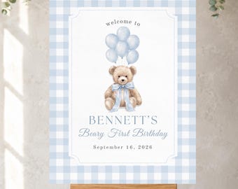 Beary First Birthday Welcome Sign, Blue Teddy Bear Birthday Party Welcome Poster, Editable Canva Template, Blue Gingham, Instant Download