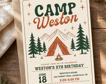 Camp Birthday Invitation Template, Camping Birthday Invite, Camp Theme Birthday Party, Outdoor Adventure Invitation, Boys Birthday
