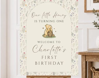 Winnie the Pooh First Birthday Welcome Sign, Classic Pooh Birthday Party Sign, Wildflower First Birthday, Editable Canva Template