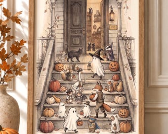 Halloween Wall Art, Halloween Animals Print, Whimsical Ghost & Woodland Animals, Storybook Halloween Decor, Fall Printable