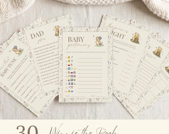 Winnie the Pooh Baby Shower Games Bundle, Classic Pooh Baby Shower Games, Printable Baby Shower Game Set, Editable Canva Template