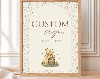 Winnie the Pooh Baby Shower Sign Template, Editable Little Honey Party Sign, Classic Pooh Wildflower Decor, Printable Canva Sign