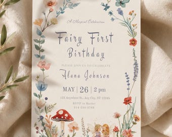 Fairy First Birthday Invitation Template, 1st Birthday Girl Invite, Woodland Fairy Party Invite, Enchanted Garden Birthday, Baby Girl Invite