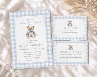 Blue Barely Wait Teddy Bear Baby Shower Invitation Bundle, Baby Boy Shower Template, Gingham Bear Invite Set, Books for Baby, Diaper Raffle