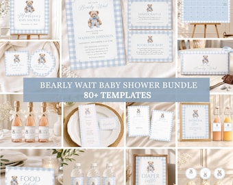 Bearly Wait Baby Shower Bundle, Teddy Bear Baby Shower Templates, Blue Gingham Boy Baby Shower, Editable Canva Templates, Blue Baby Shower