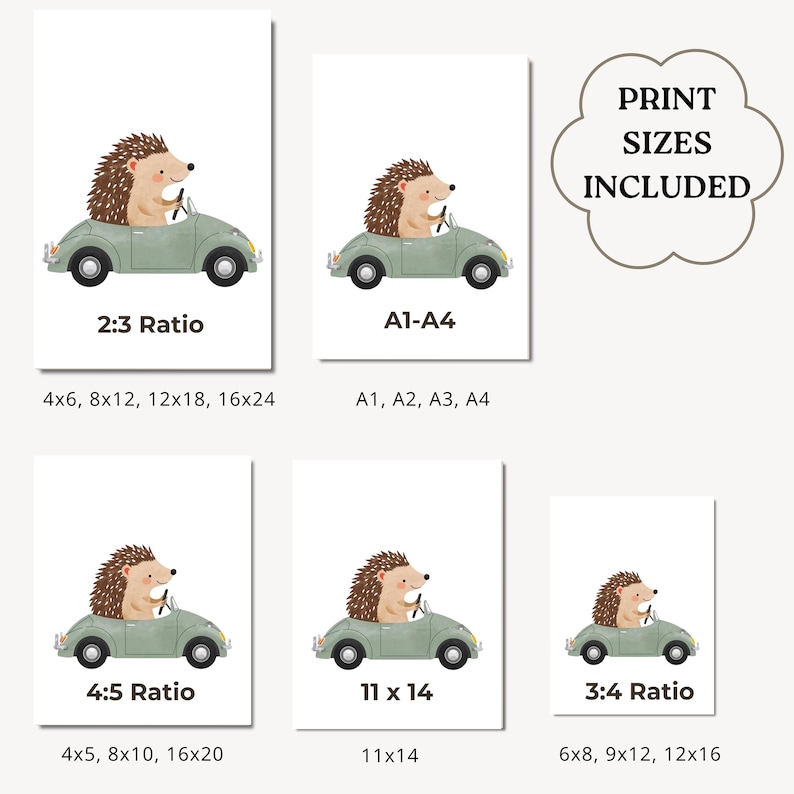 Set di stampe con animali alla guida di auto d'epoca, decorazione per la cameretta dei bambini (download digitale) immagine 11