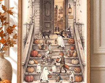 Halloween Wall Art, Halloween Animals Print, Whimsical Ghost & Woodland Animals, Storybook Halloween Decor, Fall Printable