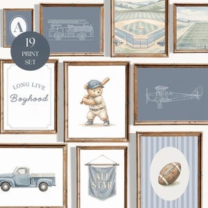 Blue Sports Nursery Wall Art Set of 19, Vintage Teddy Bear Prints, Boy Nursery Decor, Baseball Football Golf Art, Sports Gallery Wall Set