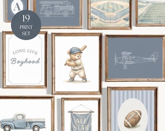Set di 19 stampe da parete a tema sportivo per la cameretta dei bambini, con orsetti vintage, decorazioni per la cameretta, stampe di baseball, football e golf, set di quadri sportivi da parete.