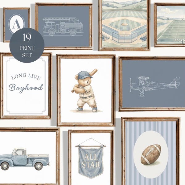 Blue Sports Nursery Wall Art Set of 19, Vintage Teddy Bear Prints, Boy Nursery Decor, Baseball Football Golf Art, Sports Gallery Wall Set