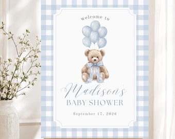 Blue Gingham Teddy Bear Baby Shower Welcome Sign Template, Blue Gingham Boy Baby Shower Sign, Editable Canva Poster, Bearly Wait Baby Shower