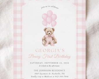 Pink Beary First Birthday Invitation Template, Teddy Bear Girl 1st Birthday Invite, Pink Gingham Birthday Invitation, Editable Canva Invite