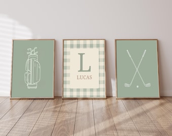Personalized Golf Nursery Art Set – Green Gingham Print (Digital Download)