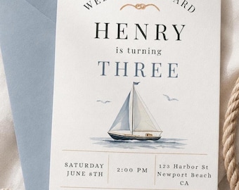 Nautical Sailboat Birthday Invitation Template, Boy Boat Birthday Party Invite, Coastal Preppy Birthday Invitation, Sailing Birthday Invite