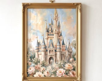 キャンバスに描かれたシンデレラの絵画、ディズニーキャッスルの油絵