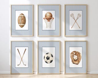 Sports Nursery Wall Art Set of 6, Preppy Blue Stripe Sports Prints, Football Basketball Soccer Baseball Golf Lacrosse Decor, Boy Room Decor
