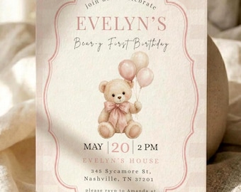 Bear-y First Birthday Invitation Template, Teddy Bear Girl Birthday Invite, Pink Gingham First Birthday, Teddy Bear Party Invitation