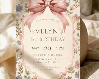 Vintage Garden First Birthday Invitation Template, Floral Birthday Invite, Pink Bow Birthday Invitation, Girl First Birthday Invite