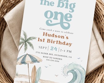 The Big One First Birthday Invitation, Surf Birthday Invite, Beach Party Invitation, Editable Canva Template, Boy 1st Birthday Invite