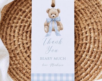 Beary Much Thank You Favor Tag Template, Teddy Bear Baby Shower Thank You Tag, Blue Gingham Bear Favor Tag, Editable Canva Template