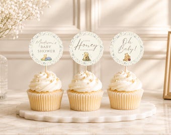 Winnie the Pooh Baby Shower Cupcake Toppers, Little Honey Cupcake Topper Template, Wildflower Pooh Baby Shower Decor, Editable Canva