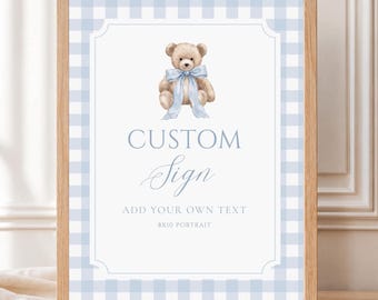 Teddy Bear Custom Sign Template, Editable Baby Shower Sign, Blue Gingham Bear Sign, Boy Baby Shower Decor, Editable Canva Template