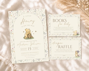 Winnie the Pooh Baby Shower Invitation Set, A Little Honey Is On the Way, Books for Baby & Diaper Raffle, Editable Canva Template