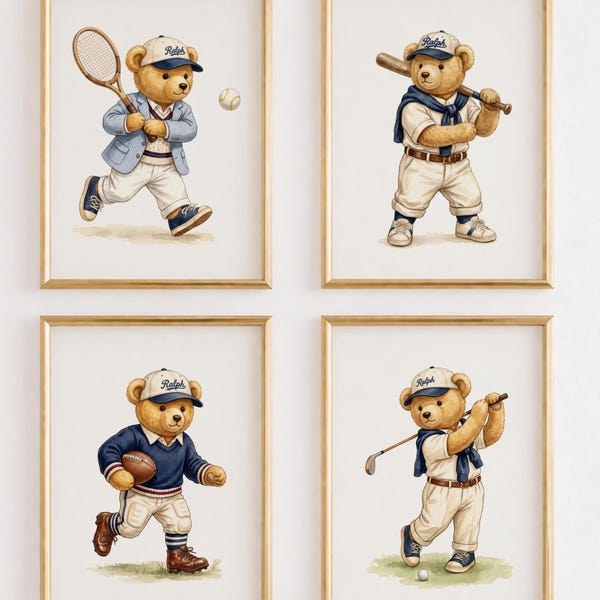 Décoration murale vintage pour chambre d'enfant : ours en peluche sportifs, imprimés d'ours preppy, tennis, baseball, football, golf, décoration pour chambre de garçon, téléchargement numérique
