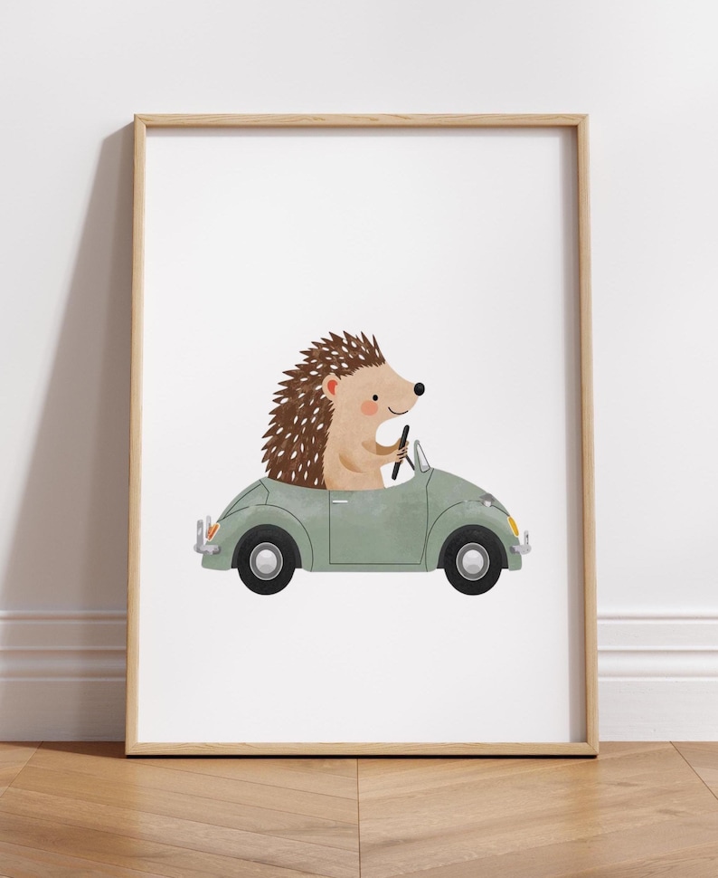 Set di stampe con animali alla guida di auto d'epoca, decorazione per la cameretta dei bambini (download digitale) immagine 8