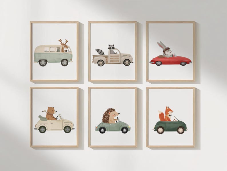 Set di stampe con animali alla guida di auto d'epoca, decorazione per la cameretta dei bambini (download digitale) immagine 2