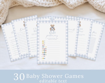 Baby Shower Games Bundle, Blue Teddy Bear Baby Shower Games, Boy Baby Shower Printable Games, Instant Download,  Baby Shower Activities