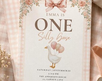 One Silly Goose Birthday Invitation Template, Pink Gingham First Birthday Invite, Floral Bow Party Invitation, Girl 1st Birthday Invite