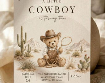 Little Cowboy Birthday Invitation Template, Saddle Up Cowboy Party Invite, Teddy Bear Cowboy Birthday, Western First Birthday Invite