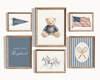 Vintage Americana Boy Nursery Wall Art Set of 6, Prep Sports Prints, Ralph Teddy Bear Print, Boy Room Decor, Vintage Sports Prints