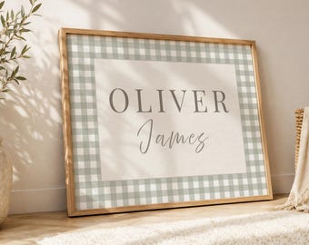 Personalized Nursery Name Print, Custom Baby Boy Wall Art, Gingham Nursery Decor, Blue Sage Green Beige Nursery Sign, Heirloom Nursery Print