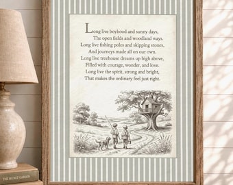 Long Live Boyhood Nursery Print | Vintage Boys Room Wall Art | Treehouse Poem Printable | Heirloom Storybook Decor | Fishing Nursery Art