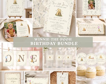 Winnie the Pooh First Birthday Bundle, Editable Birthday Invitation, Classic Pooh Party Templates, First Birthday Invite, Canva Template