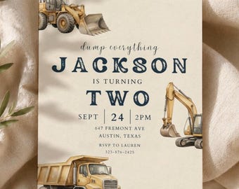 Construction Birthday Invitation Template, Dump Everything Birthday Invite, Construction Truck Party Invitation, Boy 2nd Birthday Invite