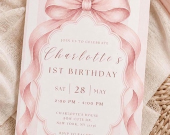 Pink Bow Birthday Invitation Template, Coquette 1st Birthday Invite, Editable Girl Birthday Invitation, Bow Party Invite, Pink Birthday