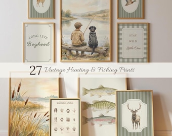 Vintage Hunting & Fishing Nursery Wall Art Bundle, Boy Nursery Decor Set, Woodland Nursery Prints, Deer Duck Fish Outdoor Nursery