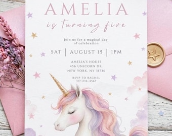 Unicorn Birthday Invitation Template, Unicorn Invite, Pastel Rainbow Birthday Party Invitation, Magical Girl Birthday, Girls Birthday