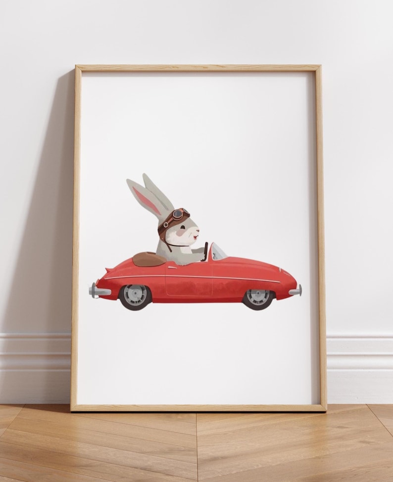 Set di stampe con animali alla guida di auto d'epoca, decorazione per la cameretta dei bambini (download digitale) immagine 6