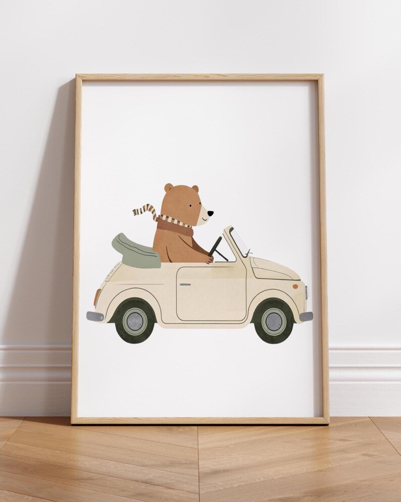 Set di stampe con animali alla guida di auto d'epoca, decorazione per la cameretta dei bambini (download digitale) immagine 7